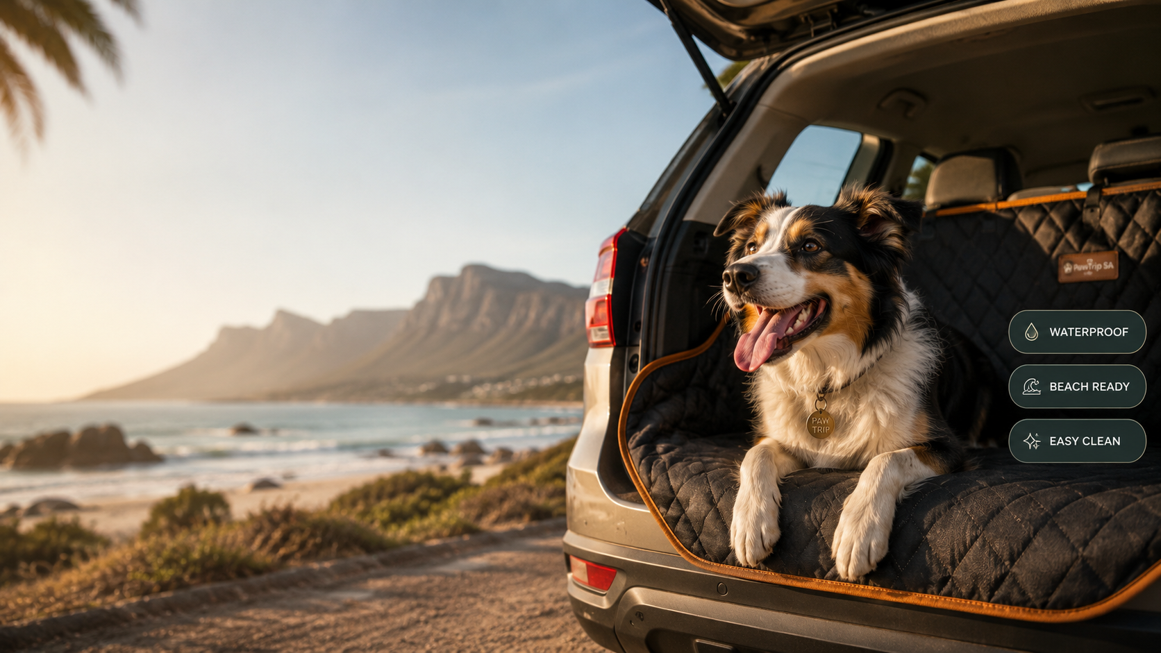 Dog relaxing in a PawTrip SA car travel setup